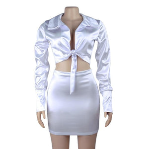 Santana Satin Tie Top And Skirt Set