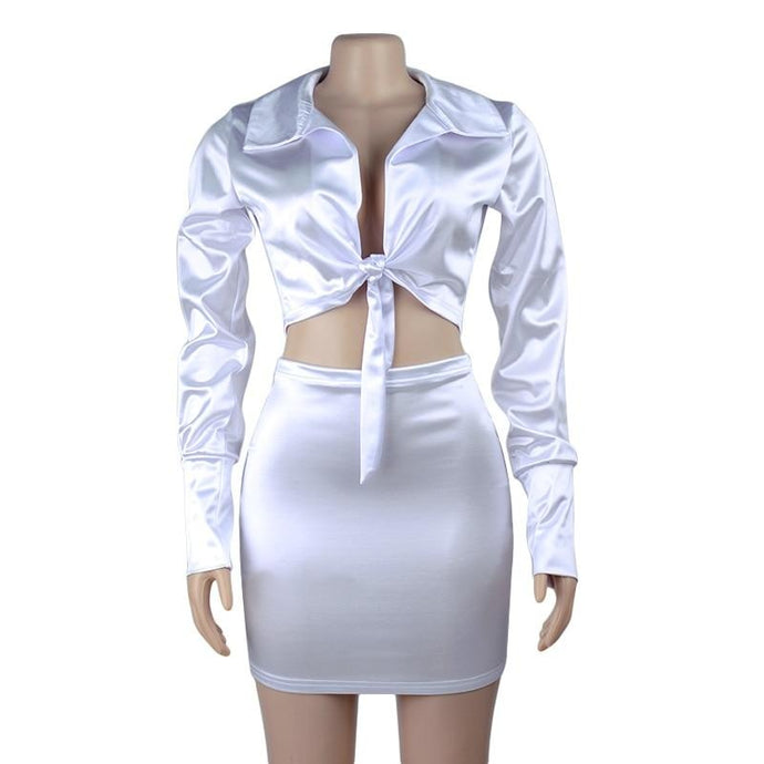 Santana Satin Tie Top And Skirt Set
