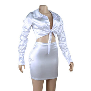 Santana Satin Tie Top And Skirt Set
